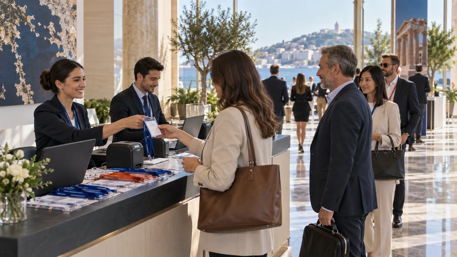 Conference registration counters with badge printers and arriving delegates