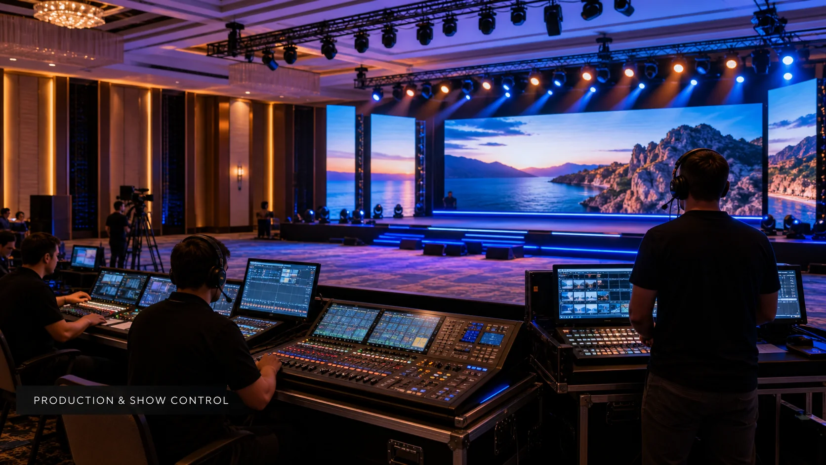 Stage, LED screen and technical show-control team at a corporate event in Antalya
