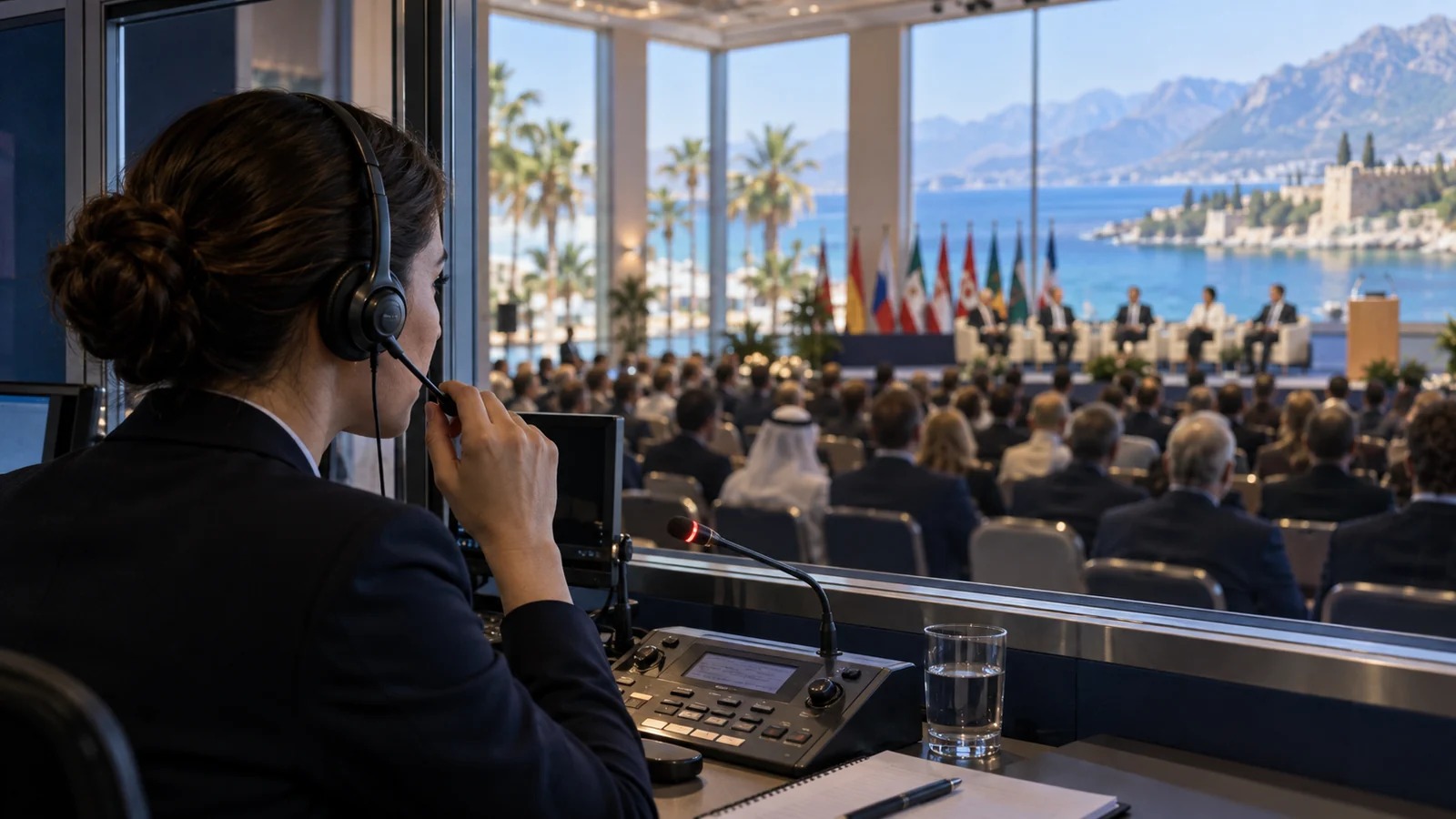 Interpreter following a conference from a booth with an audio console